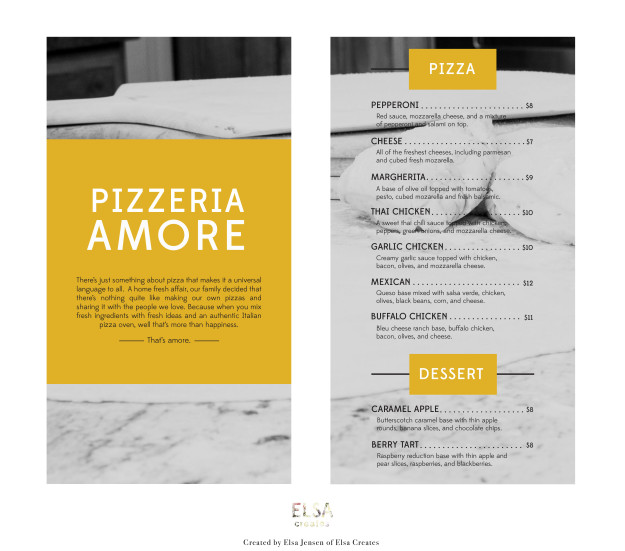 Elsa Jensen-Pizzeria Amore-Design-Menu Design-Restaurant Menu-Graphic Design-Senior Project-BYU-Idaho.